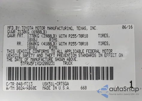 2016 Toyota Tundra Sr5 5.7L V8 из США, поврежденный, VIN 5TFRW5F1XGX208231